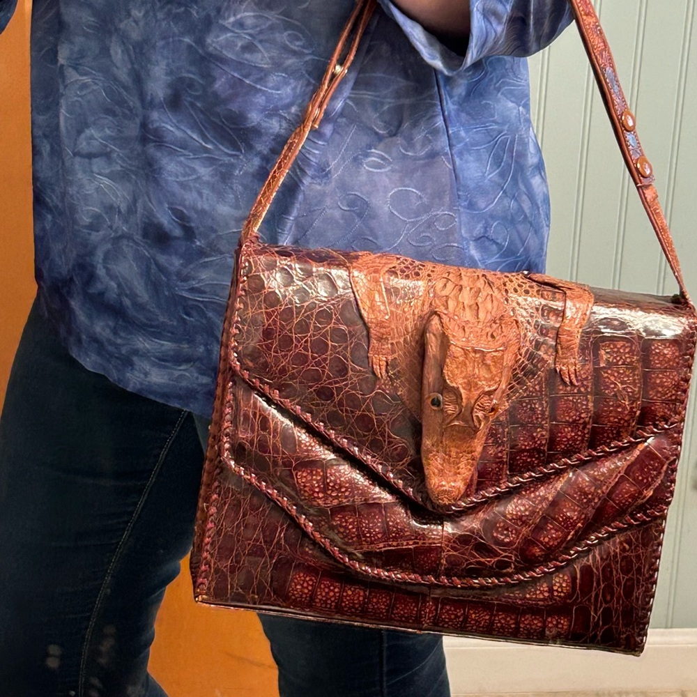 Vintage Genuine Crocodile Alligator, baby taxidermy loop head and legs Handbag